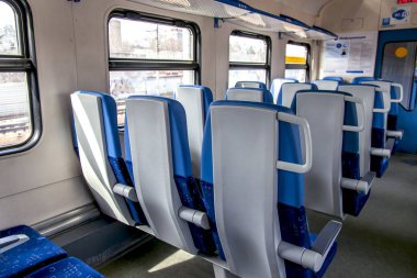 Moskova, Rusya, 4 Nisan 2019. Bölgesel elektrikli trenin modern arabanın iç