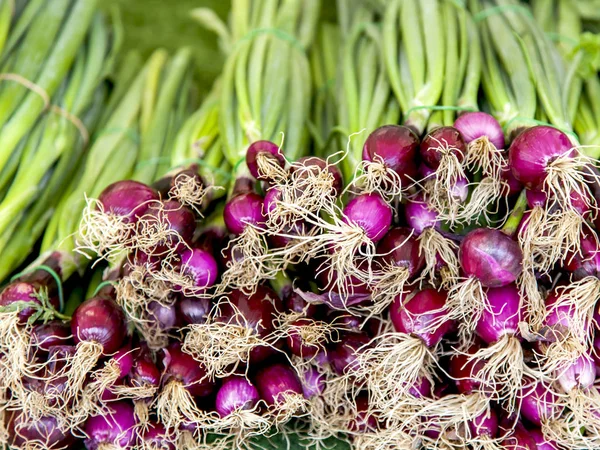 Hrozny Čerstvé Zelené Cibule Stánku Tržnici — Stock fotografie