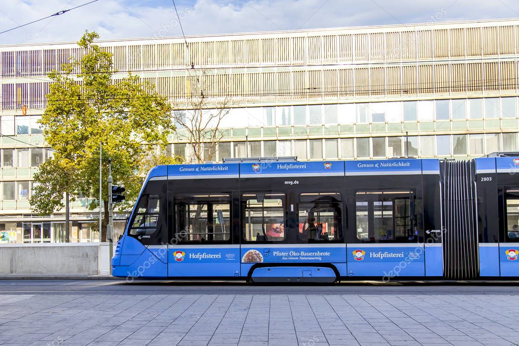 Munich, Germany, on August 14, 2018. The modern tram goes on the city street