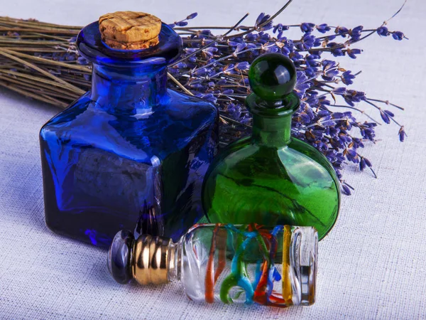 Cosmetics Vintage Glass Bottles Flowers Lavender — Stock Photo, Image