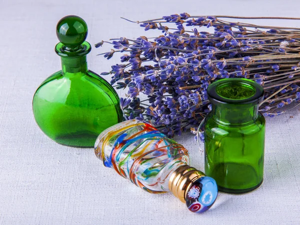 Cosmetics Vintage Glass Bottles Flowers Lavender — Stock Photo, Image