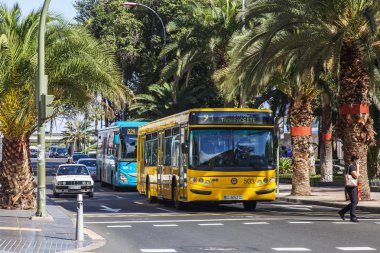 Las Palmas de Gran Canaria, İspanya, üzerinde 11 Ocak 2018. Sokak şehir otobüs gidiyor