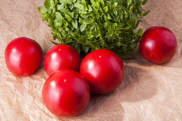 Verse Rijpe Tomaten Een Smakelijk Stelletje Verse Basilicum Tafel — Stockfoto