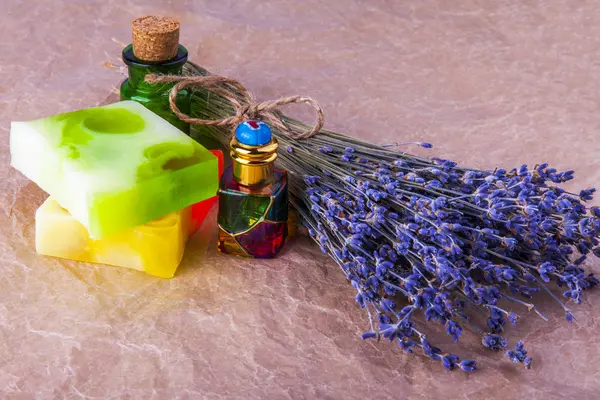 Handmade Natural Soap Vintage Bottles Dried Lavender Flowers Table — Stock Photo, Image