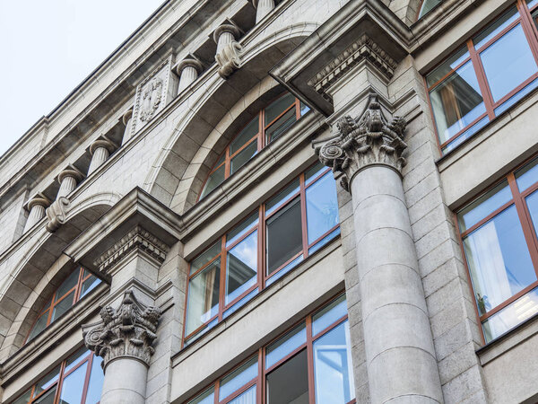 Moscow, Russia, on July 8, 2019. Typical architecture around historical building. Decorative elements of a facade of the building 