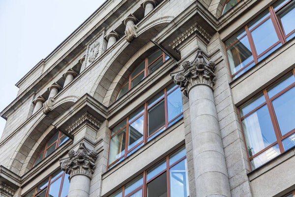 Moscow, Russia, on July 8, 2019. Typical architecture around historical building. Decorative elements of a facade of the building 