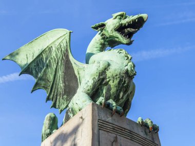 Ljubljana, Slovenya, 5 Ağustos 2019. pitoresk ejderha heykel Zmajski en süslüyor