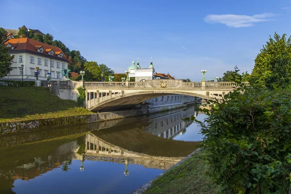 Ljubljana Słowenia Dniu Sierpnia 2019 Malowniczy Widok Miejski Rzeka Ljubljanica — Zdjęcie stockowe