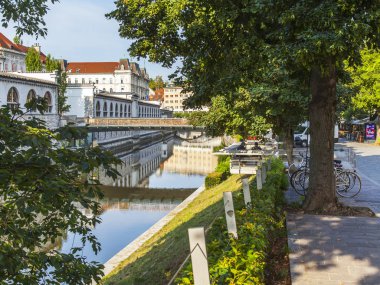 Ljubljana, Slovenya, 5 Ağustos 2019 tarihinde. Doğal şehir manzarası. Ljubljanica Nehir Dolgusu