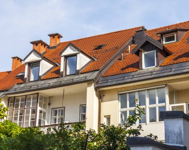 Ljubljana, Slovenya, 5 Ağustos 2019. kentin tarihi bölümünde eski binanın cephe parçası