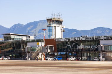 Ljubljana, Slovenya, 10 Ağustos 2019. Ljubljana Uluslararası Havaalanı.