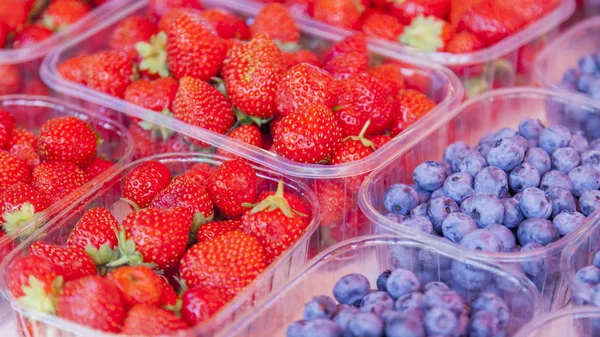 Dükkan bir sayaç üzerinde kutularda Lezzetli çilek ve yaban mersini