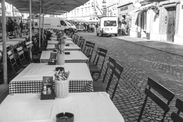 Ljubljana Slowenien August 2019 Gemütliches Straßencafé Historischen Teil Der Stadt — Stockfoto