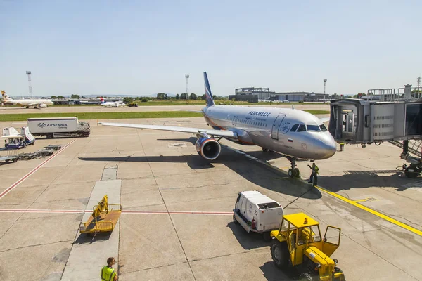 Belgrade Serbia August 2019 Ground Handling Aircraft Belgrade International Airport — Stock Photo, Image