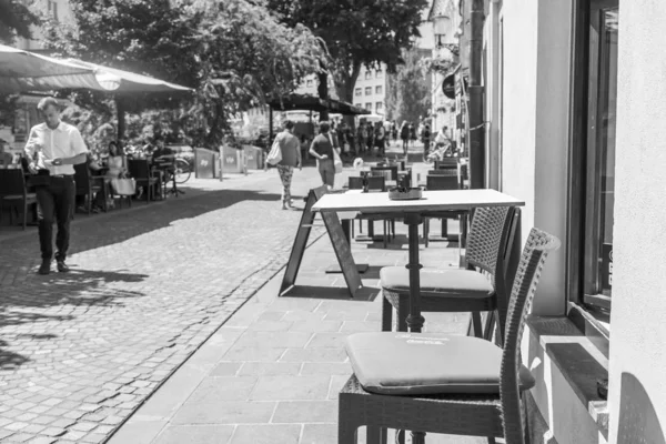 Ljubljana Slovenya Ağustos 2019 Şehrin Tarihi Kesiminde Geleneksel Sokak Kafe — Stok fotoğraf