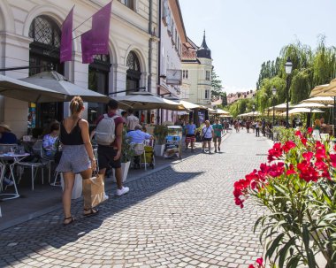 Ljubljana, Slovenya, 5 Ağustos 2019. pitoresk şehir manzarası. Şehrin tarihi bölümünde güzel sokak