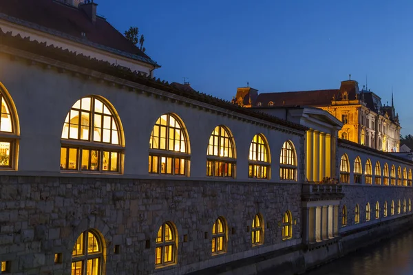 Ljubljana Słowenia Sierpnia 2019 Malowniczy Widok Miasto Wieczorem Światła Nabrzeża — Zdjęcie stockowe