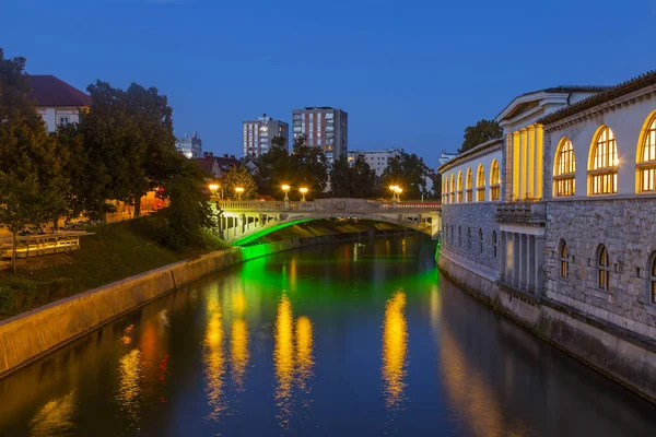 Ljubljana Słowenia Sierpnia 2019 Malowniczy Widok Miasto Wieczorem Światła Nabrzeża — Zdjęcie stockowe