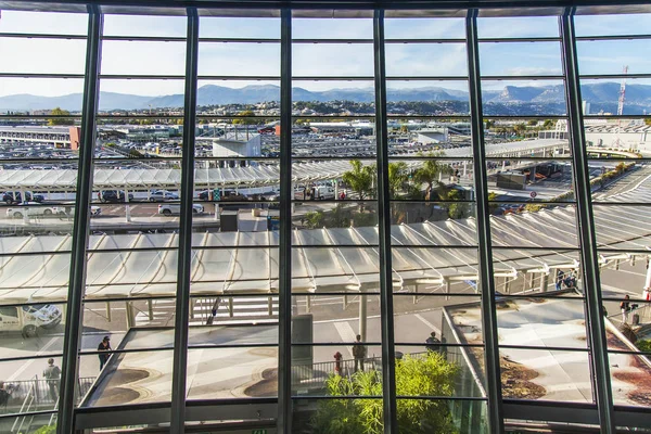 Nice, France, October 8, 2019. View from the panoramic window of the passenger terminal of Cote d 'Azur International Airport