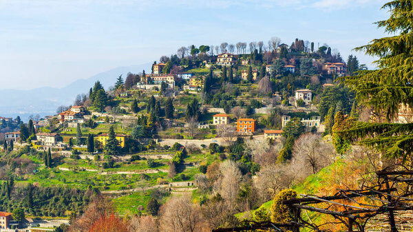 Bergamo, Italy, February 16, 2020. Scenic city view in the Upper Town (Citta Alta).