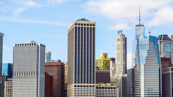 NEW YORK, USA, on MARCH 14, 2019. Skyscrapers on Manhattan. A city panorama from the sea