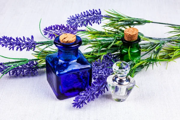 Vintage Glass Bottles Dry Lavender Table — Stock Photo, Image