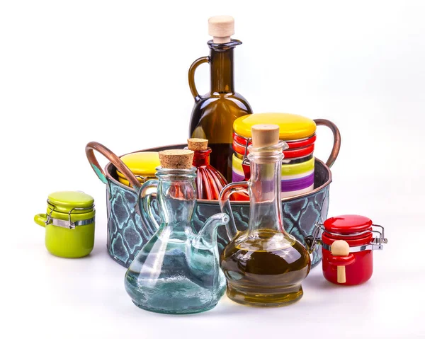 Multi Colored Ceramic Containers Glass Bottles Spices Oil Vinegar Vintage — Stock Photo, Image