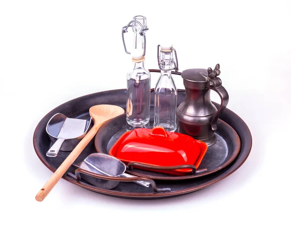 Vintage Kitchen Utensils Old Metal Tray — Stock Photo, Image