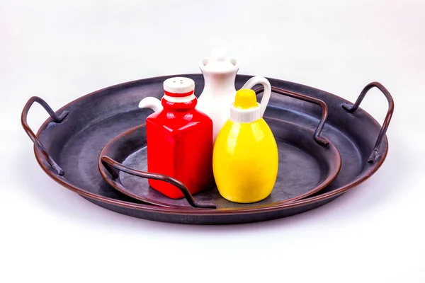Transparent Glass Bottles Oil Vinegar Vintage Metal Tray — Stock Photo, Image