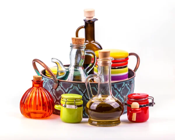 Multi Colored Ceramic Containers Glass Bottles Spices Oil Vinegar Vintage — Stock Photo, Image
