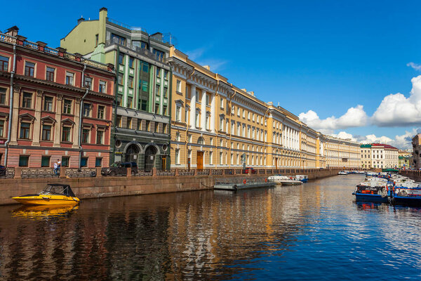 St. Petersburg, Russia, June 13, 2020. View of the Moika River and its picturesque embankments.