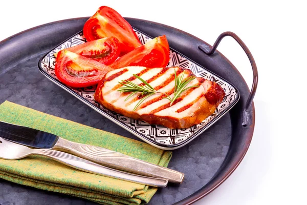 Gegrilltes Schweinefleisch Mit Rosmarin Und Frischen Tomaten — Stockfoto