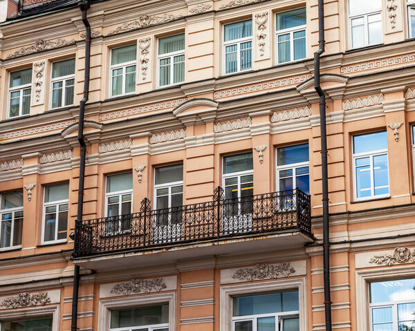 Moscow, Russia, August 11, 2020. The architectural ensemble of the historic district of the city. Fragment of facade