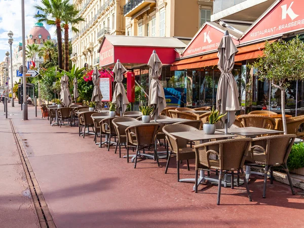 Nice França Outubro 2019 Mesas Café Rua Tradicional Dique Promenade — Fotografia de Stock