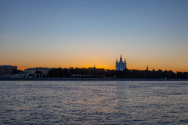 St. Petersburg, Russia, July 13, 2020. View of the Neva River and its embankment during the white nights.