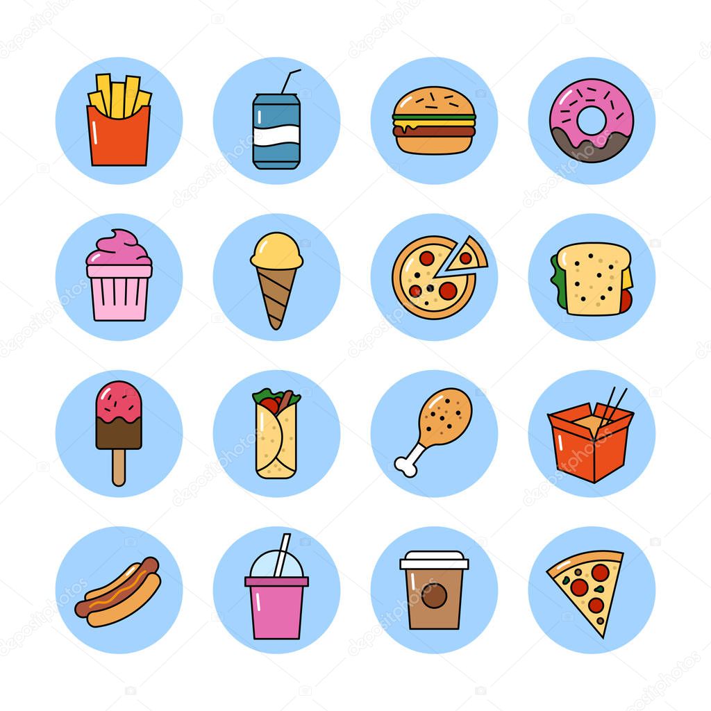 Collection of vector icons representing fast food, junk food, unhealthy eating.