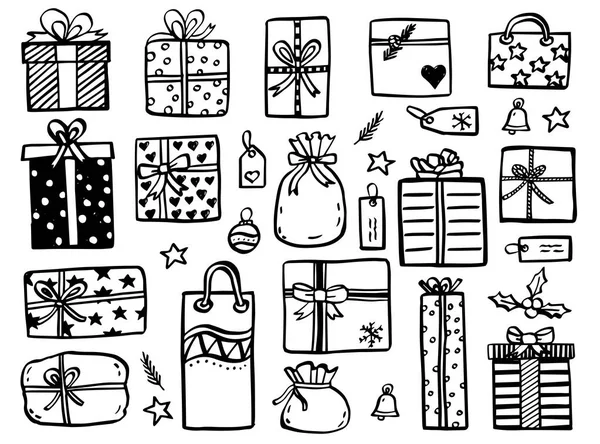 Kerst Doodles Collectie Van Hand Getrokken Kerstcadeaus — Stockvector