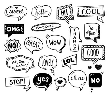 Konuşma el - çizilmiş kabarcıklar doodles. İletişim sözcükler, konuşma kalıpları.