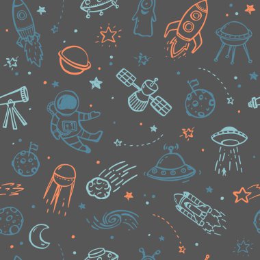 Dikişsiz desen elle çizilmiş yapılan doodles - UFO'lar, uzaylılar, gezegenler ve spacecrafts.
