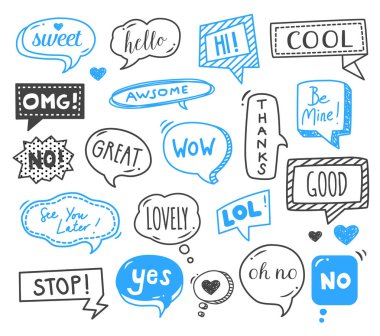 Konuşma el - çizilmiş kabarcıklar doodles. İletişim sözcükler, konuşma kalıpları.