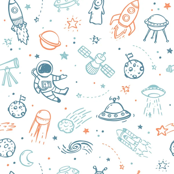 Varrat Nélküli Mintát Készült Kézzel Rajzolt Doodles Ufo Külföldiek Bolygók — Stock Vector