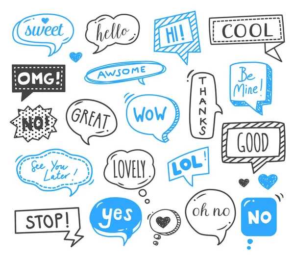 Konuşma Çizilmiş Kabarcıklar Doodles Letişim Sözcükler Konuşma Kalıpları — Stok Vektör