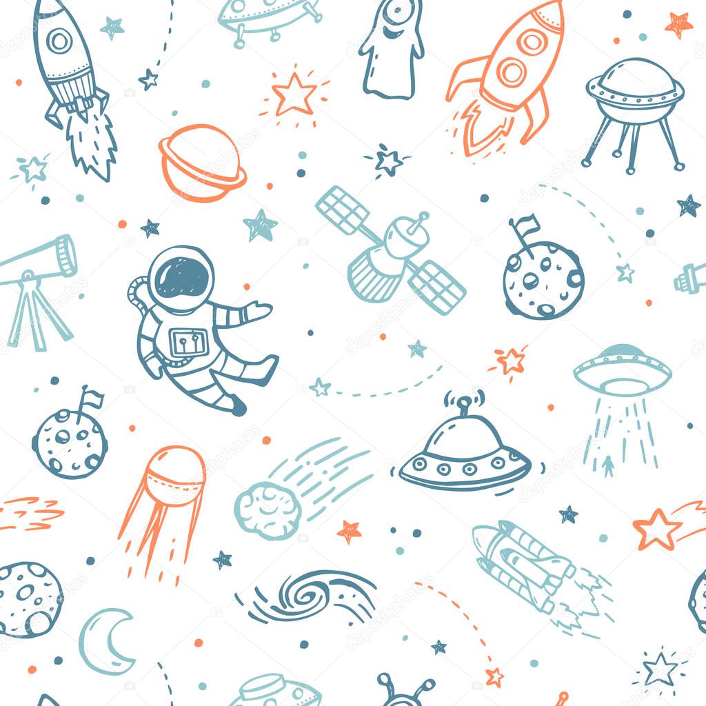 Seamless pattern made of hand drawn doodles - UFO's, aliens, planets and spacecrafts.