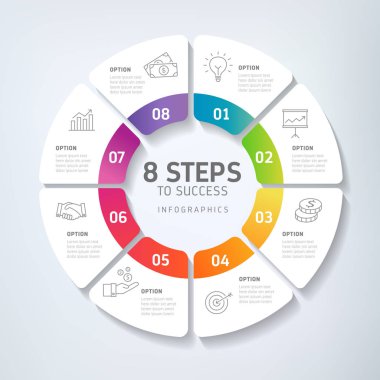 Sekiz adımları infographics - göstermek bir strateji, iş akışı, takım çalışması, zaman çizelgesi vb.