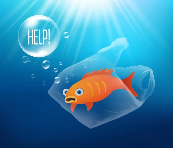 プラスチック海汚染 - 危険にさらされている魚 — ストックベクタ