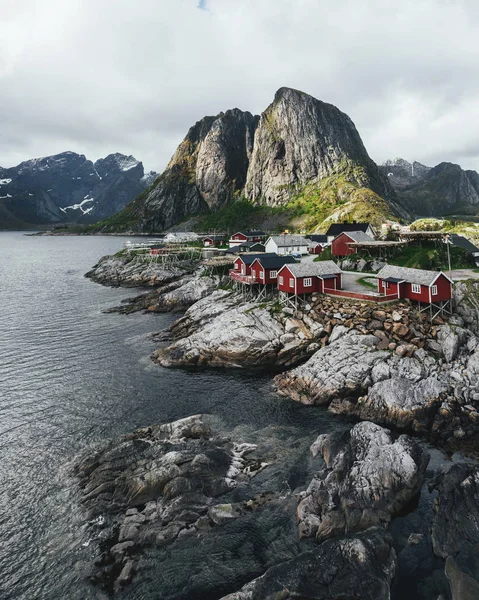 Pemandangan Panorama Gubuk Gubuk Nelayan Kayu Merah Pulau Lofoten Norwegia — Stok Foto