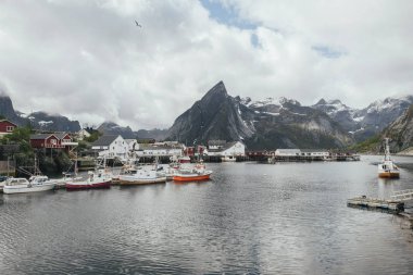 Panoramik geleneği İskandinav Köyü teknelerle Fiyordu kıyısında, Lofoten, Norveç