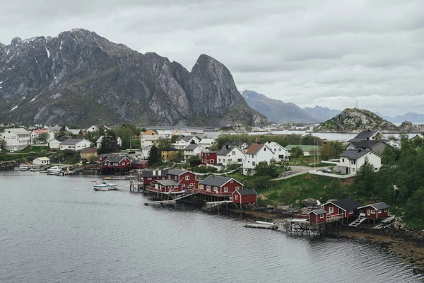 Vue Panoramique Village Scandinave Traditionnel Sur Côte Fjord Lofoten Norvège — Photo