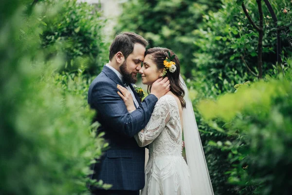 Güzel gelin ve şık damat evliliklerini kutluyor. — Stok fotoğraf