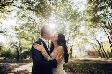 Romantik yeni evli çift yeşil parkta güneş ışınları öpüşme